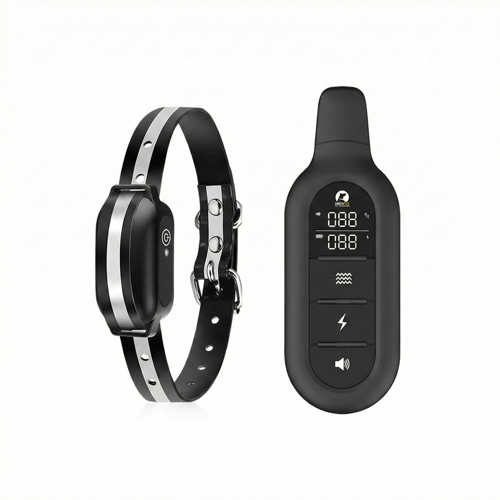 Black pet collar with digital device on a white background