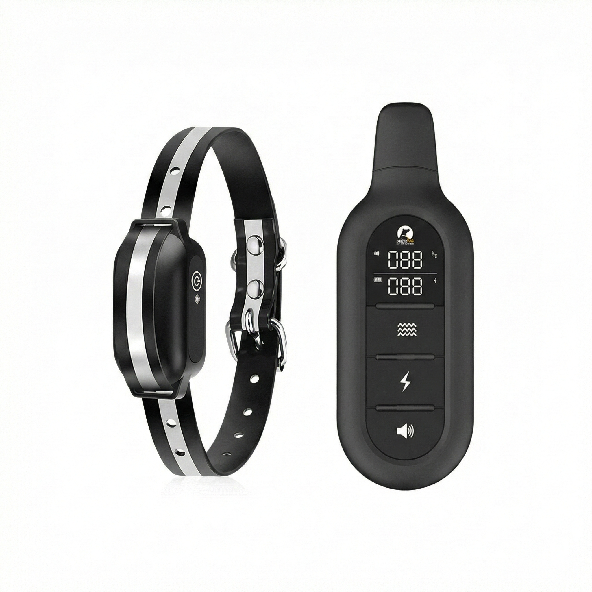 Black pet collar with digital device on a white background