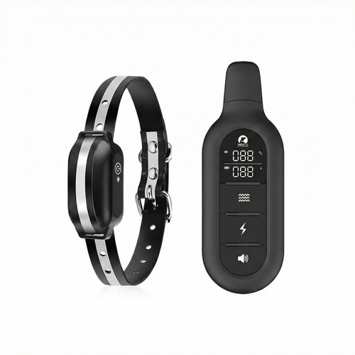 Black pet collar with digital device on a white background