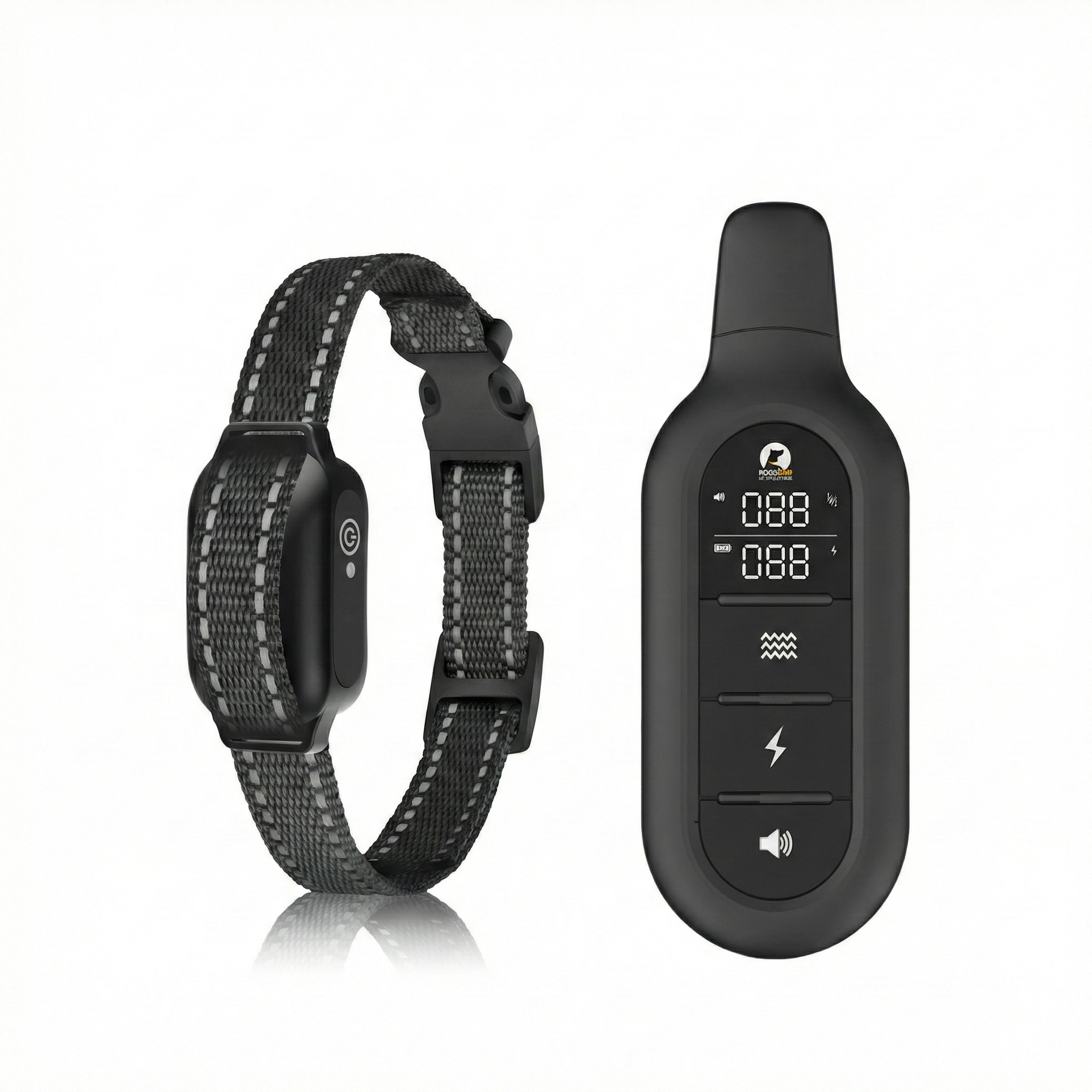 Black dog training collar with remote on a white background