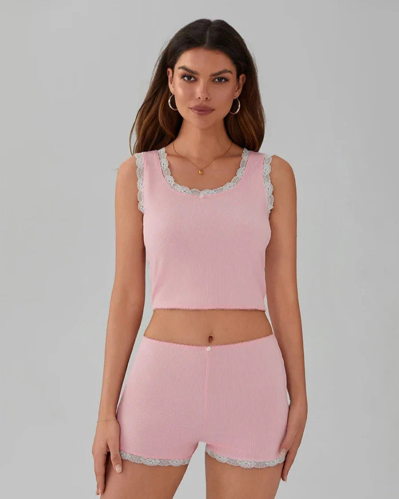 Emily | Soft Pink Lace Trim Pyjama Set for Women 1