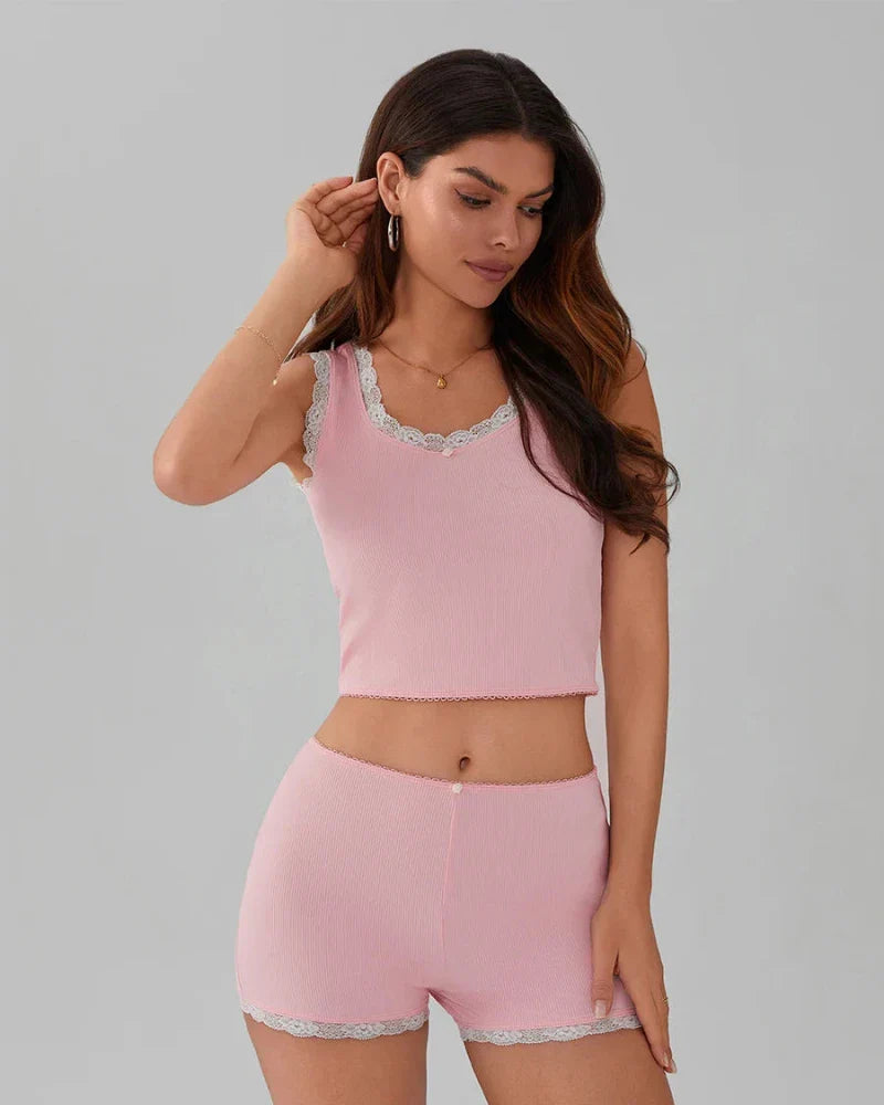 Emily | Soft Pink Lace Trim Pyjama Set for Women 3