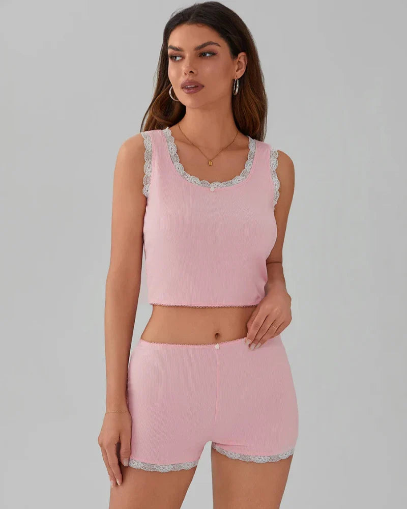 Emily | Soft Pink Lace Trim Pyjama Set for Women 4