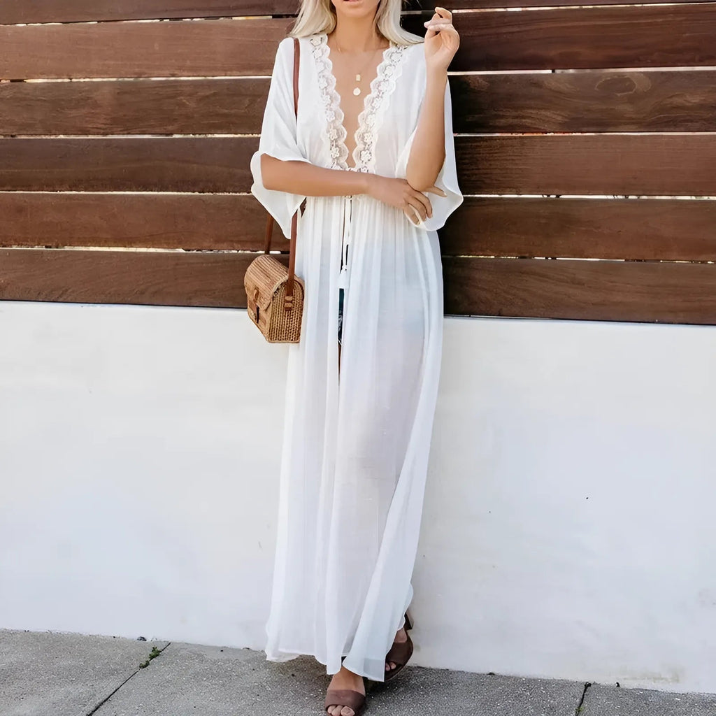 Sophie | Elegant Long Beach Kimono Cover Up with Lace Trim 1